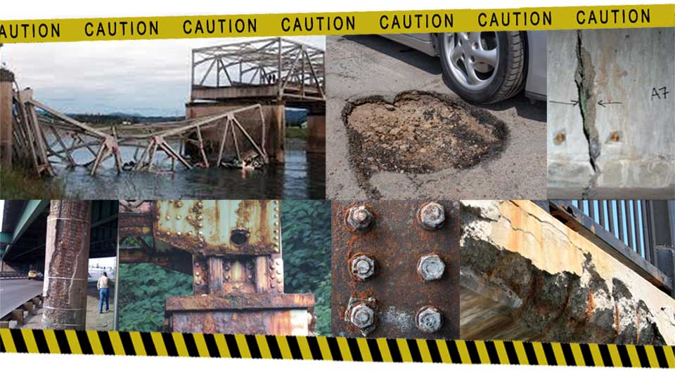 broken bridges and roads with caution tape